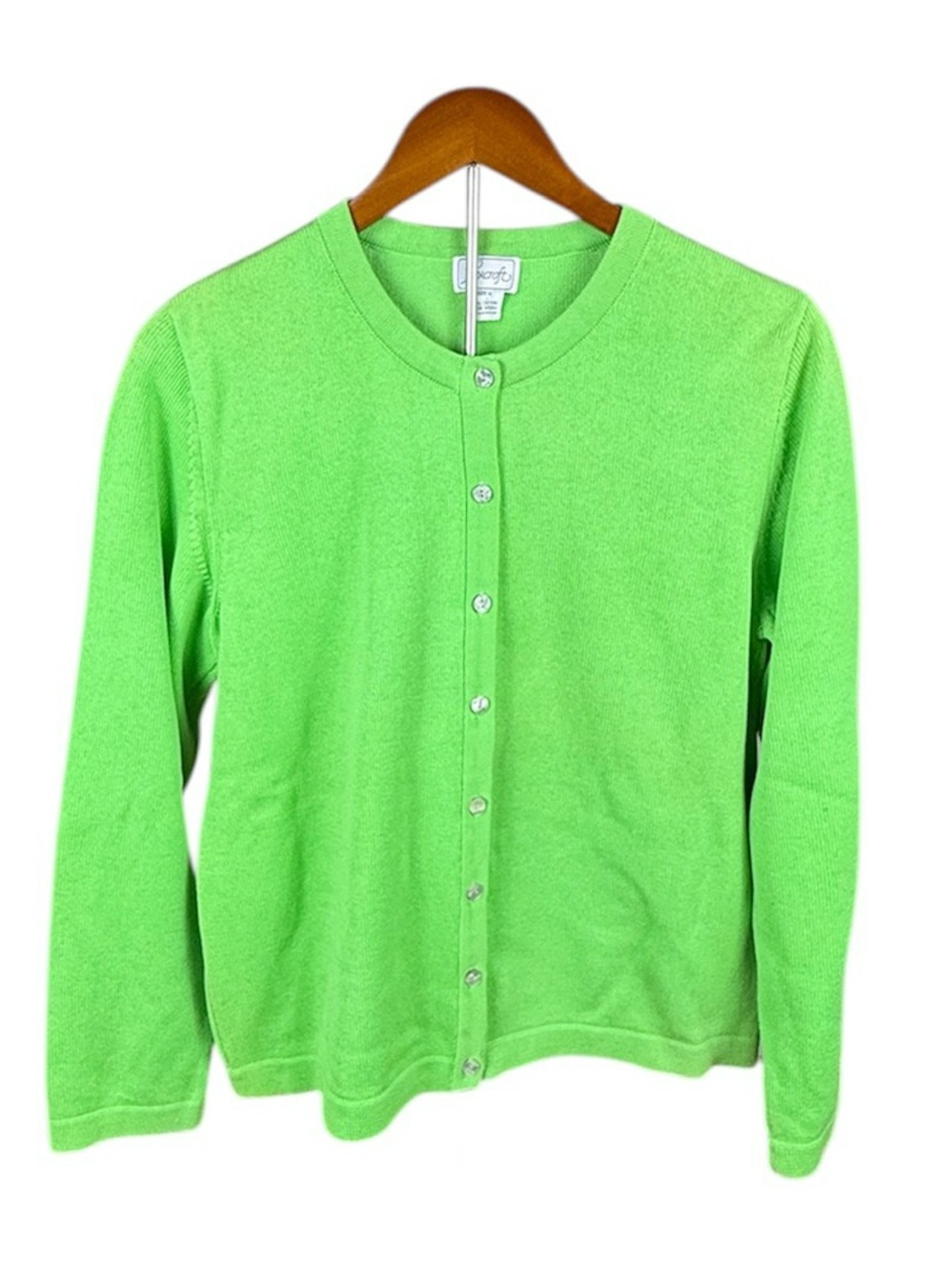 Foxcroft Cardigan 100% Cotton Crew Neck Button-up Vibrant Green Size Medium